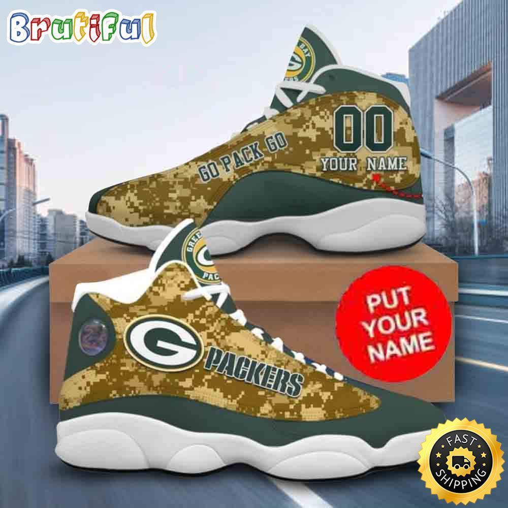 Custom Name NFL Green Bay Packers Camouflage Air Jordan 13 Shoes Printed Logo JD 13