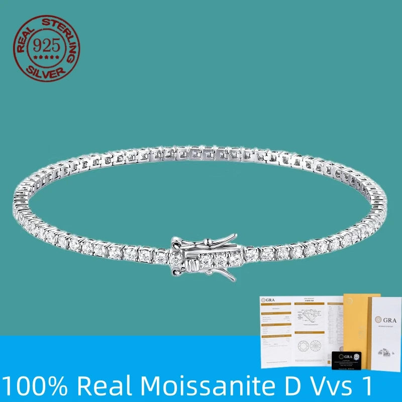 100% S925 Sterling Silver 2-6mm Real Moissanite Tennis Bracelet for Women Wedding Jewelry Christmas Exquisite Gift
