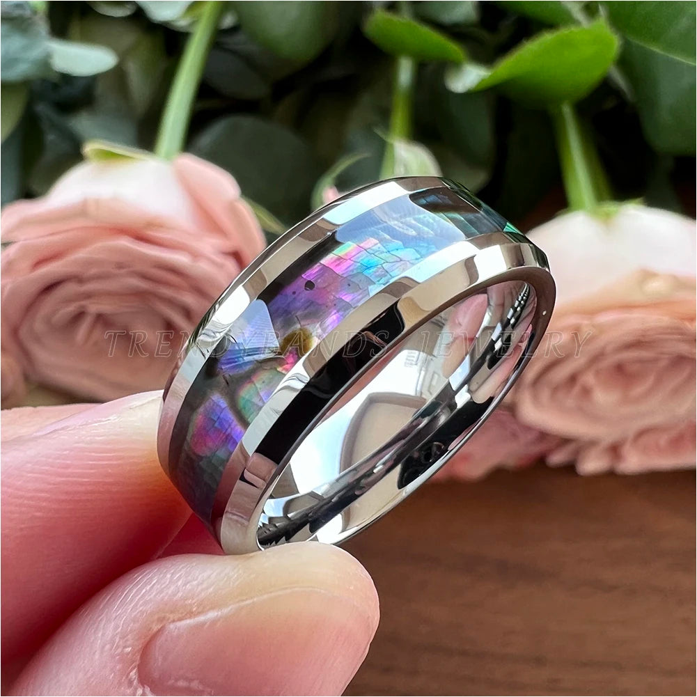 6/8mm Tungsten Carbide Ring for Men Women Wedding Band Abalone Shell Inlay Polished Shiny Domed Comfort Fit