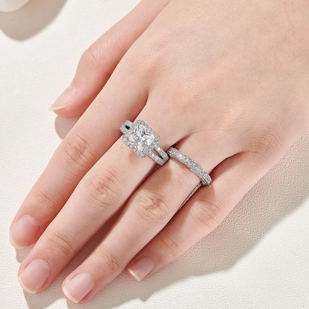 Newshe Women's Certified Moissanite Wedding Rings Set Certified D Color VVS1 Princess Cut Engagement Ring White Gold Color