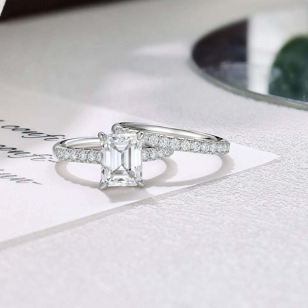 Newshe GRA Certified Moissanite Rings Set for Women D color VVS1 Emerald Cut White Gold Plated Engagement Ring Wedding Band
