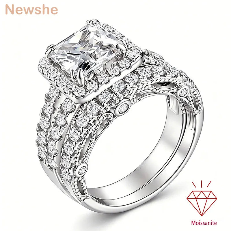 Newshe Women's Certified Moissanite Wedding Rings Set Certified D Color VVS1 Princess Cut Engagement Ring White Gold Color
