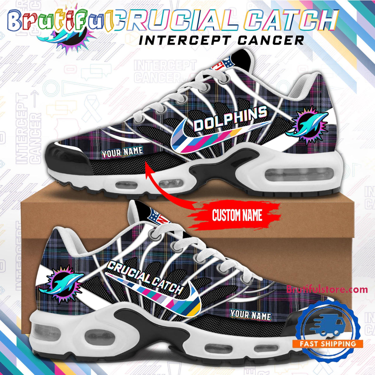 NFL Miami Dolphins Crucial Catch Intercept Cancer Air Max Plus Shoes Sneaker